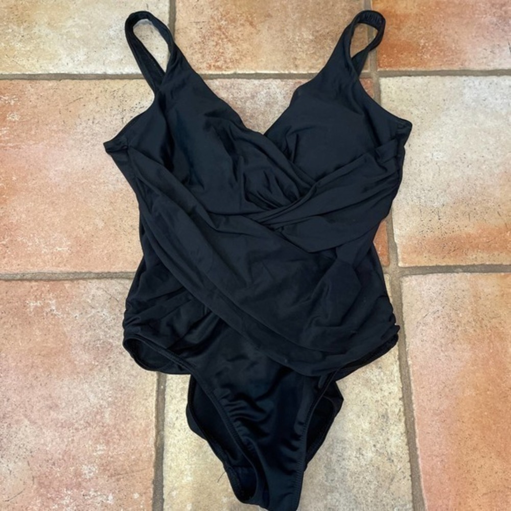 MiracleSuit black wrap front one piece swim